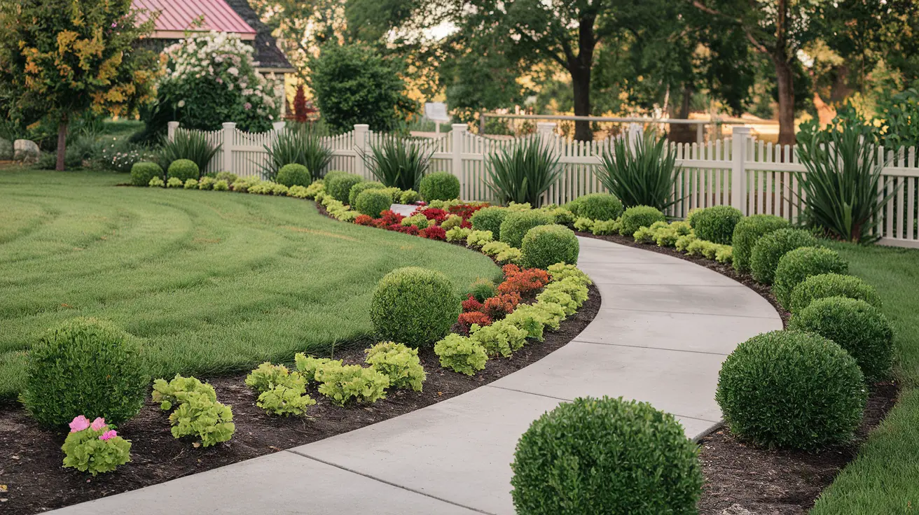 Freshly manicured front yard with layered landscaping