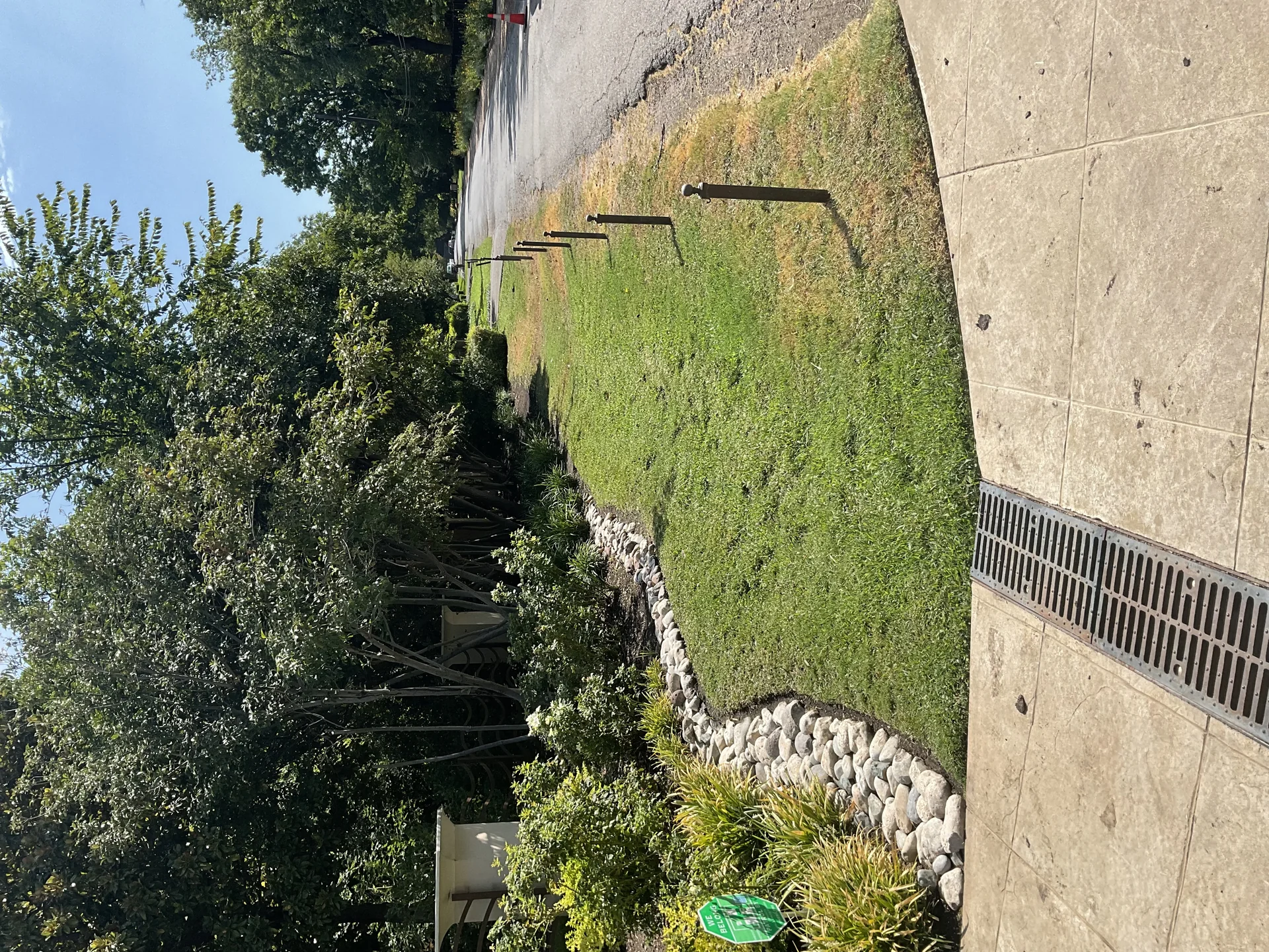 Sloped residential yard with gravel drainage swale mitigating standing water in clay soil